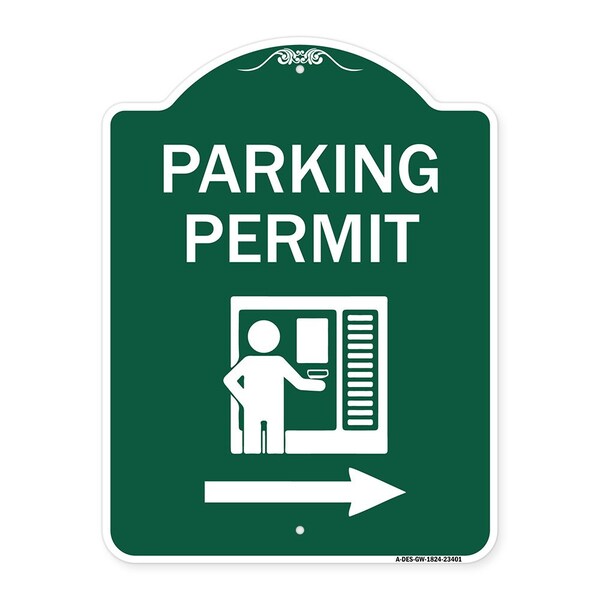 Parking Permit W/ Right Arrow, Green & White Aluminum Architectural Sign, 18" x 24", GW-1824-23401